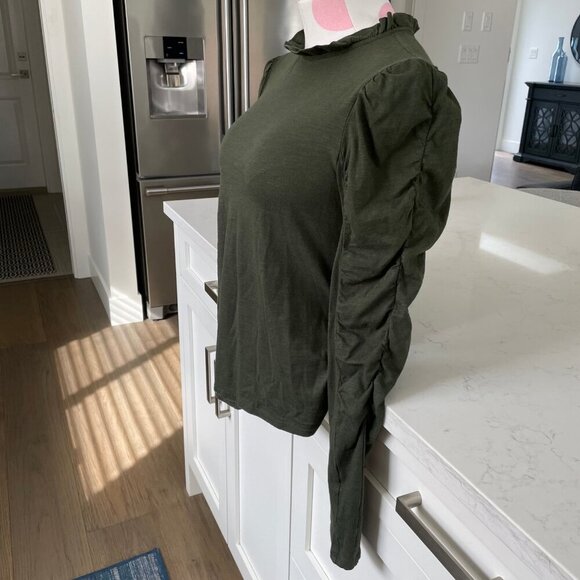 Anthropologie Maeve LS Frill Neck Ruched Sleeve Cotton Modal Top Green XS NWOT - Picture 4 of 12